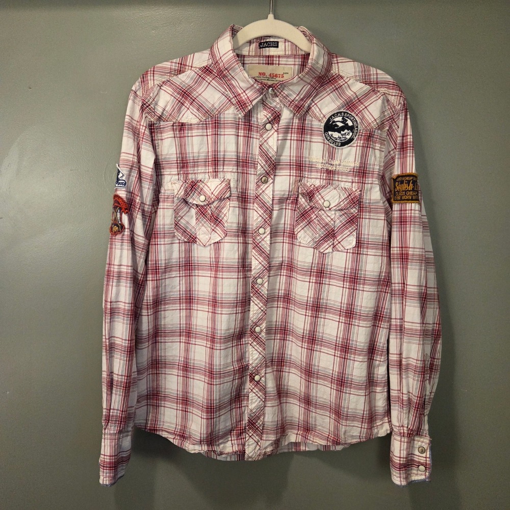 Jachs Men's Plaid Snap Button Up Long Sleeve Shirt 100% Cotton Patches, Size XL